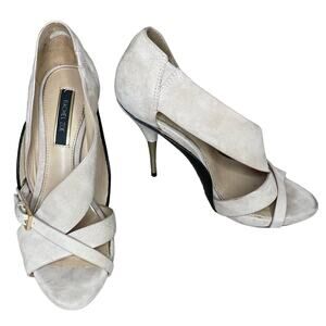 Rachel Zoe Suede Peep Toe Gold Stiletto Heels Cutout Tan Beige Size 6